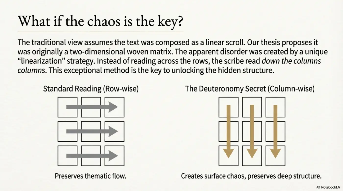 Slide 3: What if the chaos is the key? - comparing row-wise vs column-wise reading strategies