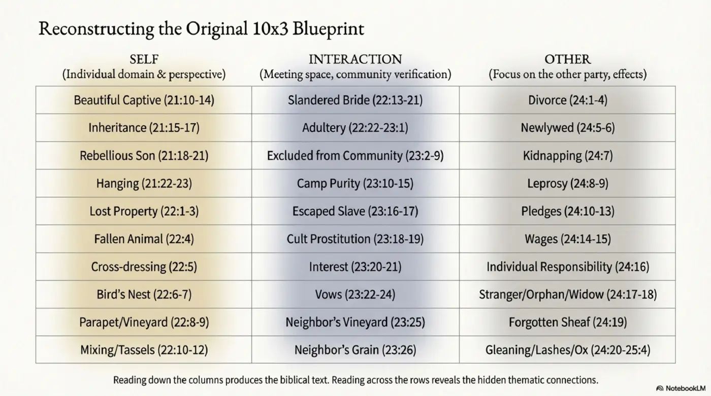 Slide 4: Reconstructing the Original 10×3 Blueprint - the matrix of Self, Interaction, and Other