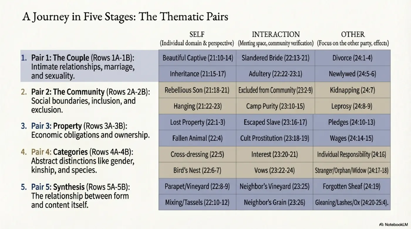 Slide 5: A Journey in Five Stages - thematic pairs covering Couple, Community, Property, Categories, and Synthesis