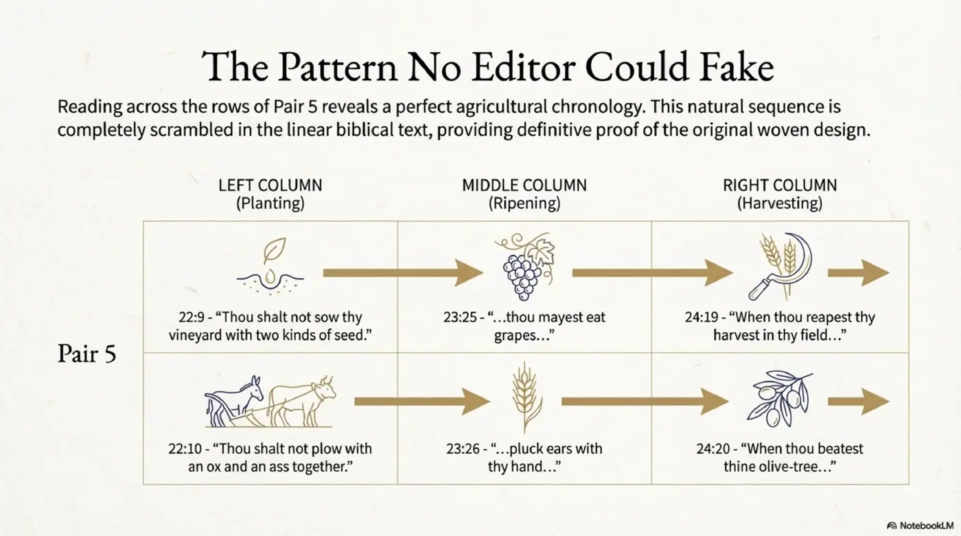 Slide 6: The Pattern No Editor Could Fake - agricultural chronology from planting to harvest across Pair 5