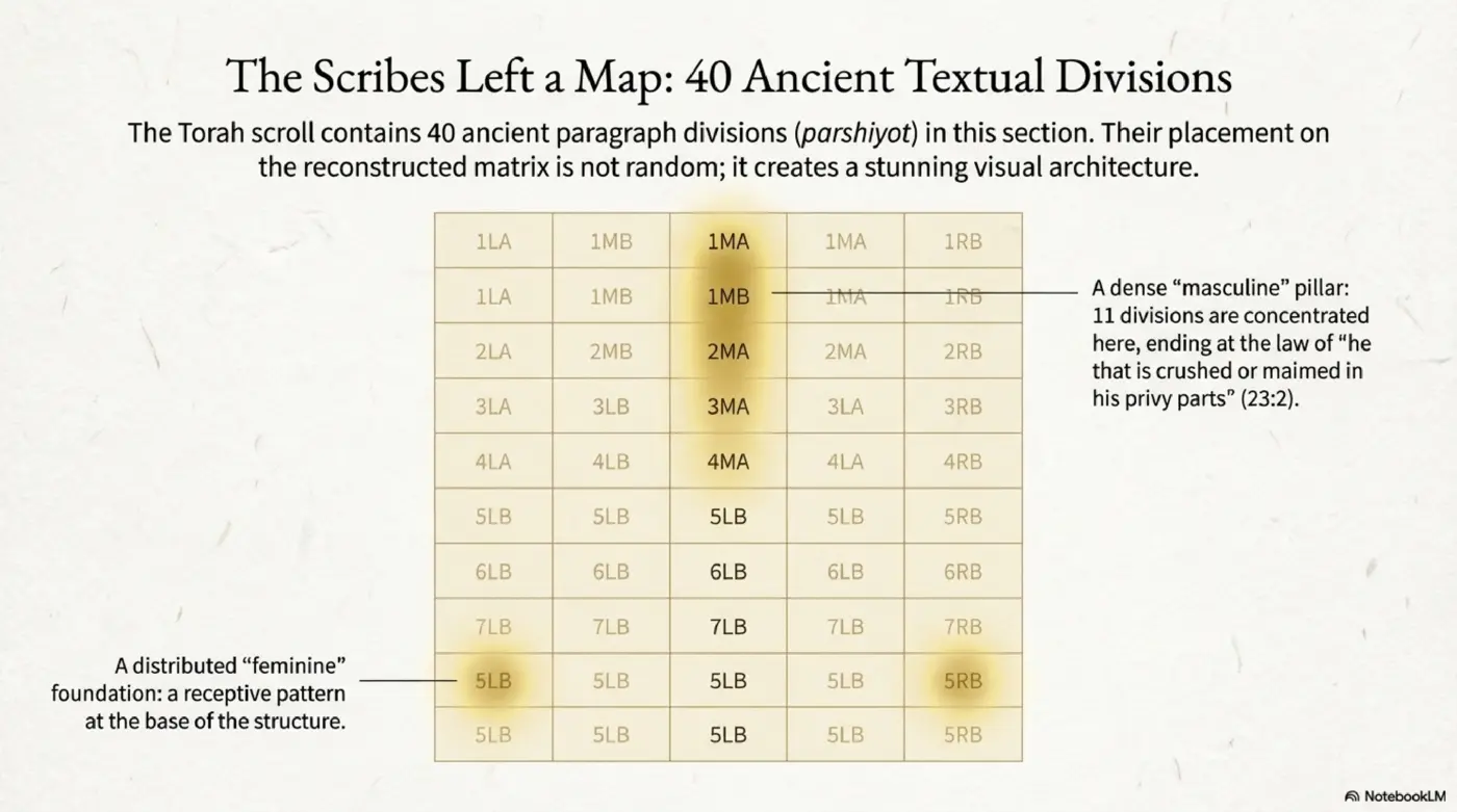 Slide 7: The Scribes Left a Map - 40 ancient textual divisions (parshiyot) form visual architecture