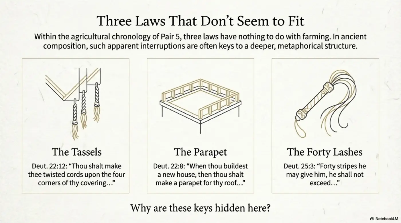 Slide 8: Three Laws That Don't Seem to Fit - tassels, parapet, and forty lashes as structural keys