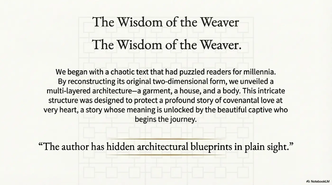 Slide 14: The Wisdom of the Weaver - the author has hidden architectural blueprints in plain sight